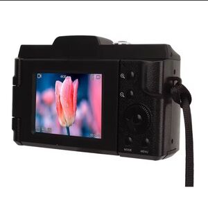 Compact Black Digital Camera with LCD Screen and Wrist Strap